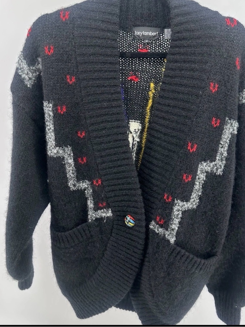 Tony Lambert Black Patterned Shawl-Collar Cardigan with Accent Motifs